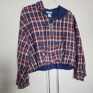 VINTAGE Hoodie Cropped Pullover Y2K Jacket Maroon Navy Plaid Cotton Womens Large